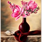 Original pink magnolia and lilac still life oil painting on canvas