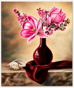 Original pink magnolia and lilac still life oil painting on canvas