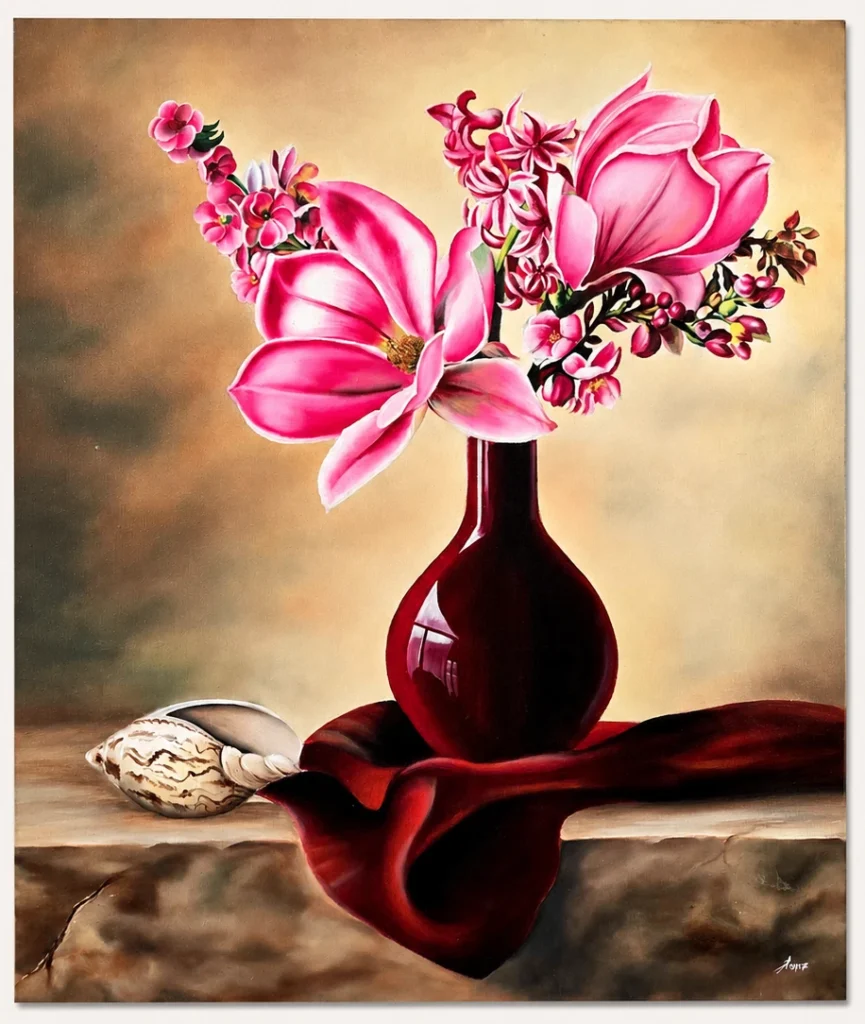 Original pink magnolia and lilac still life oil painting on canvas