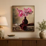 Pink magnolia floral oil painting displayed above a wooden console