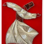 Original handmade whirling dervish string art on red fabric-wrapped frame