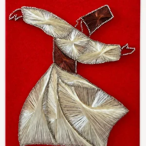 Original handmade whirling dervish string art on red fabric-wrapped frame