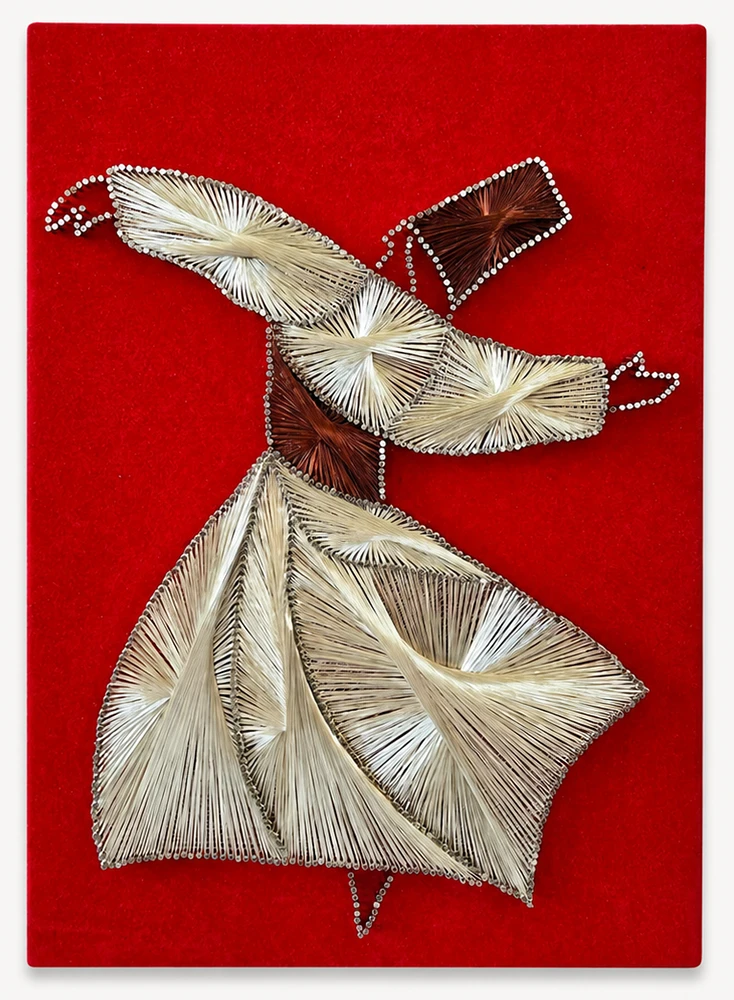 Original handmade whirling dervish string art on red fabric-wrapped frame