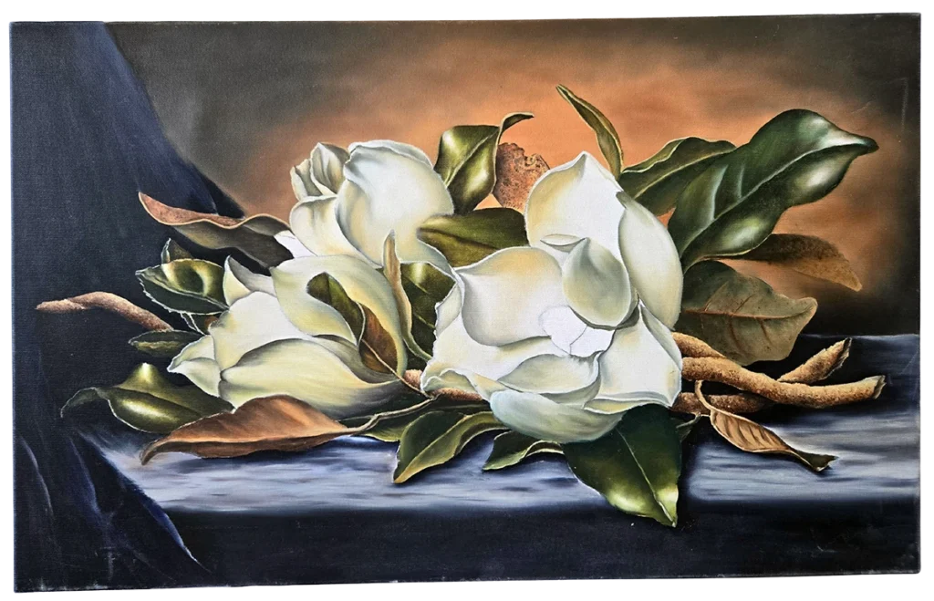 Original white magnolia still life oil painting on canvas