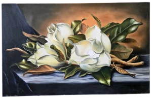 Original white magnolia still life oil painting on canvas