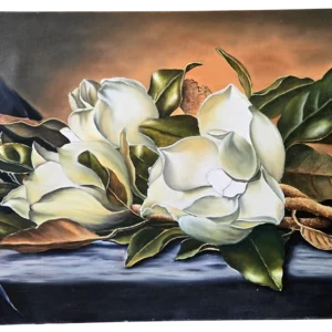 Original white magnolia still life oil painting on canvas