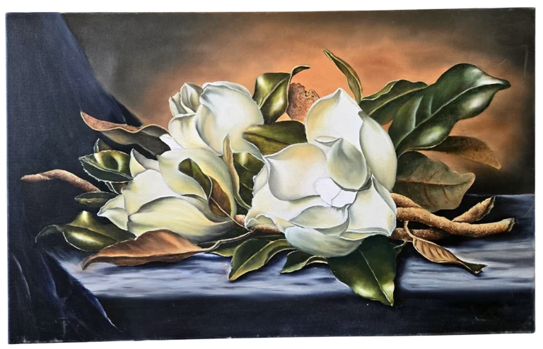 Original white magnolia still life oil painting on canvas