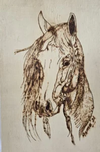 Original mother and foal horse pyrography artwork hand-burned on wood