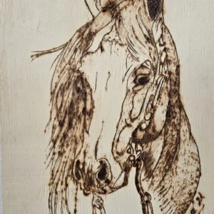 Original mother and foal horse pyrography artwork hand-burned on wood